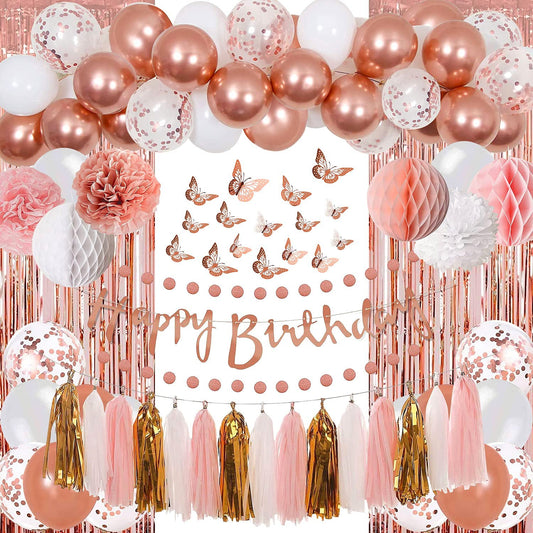 Rose Gold Pink Birthday Party Decorations with Happy Birthday Banner,Curtains, Butterfly Wall,Circle Dots Garland,Tissue Pompoms,Paper Tassels Garland for Women Birthday Party Decorations