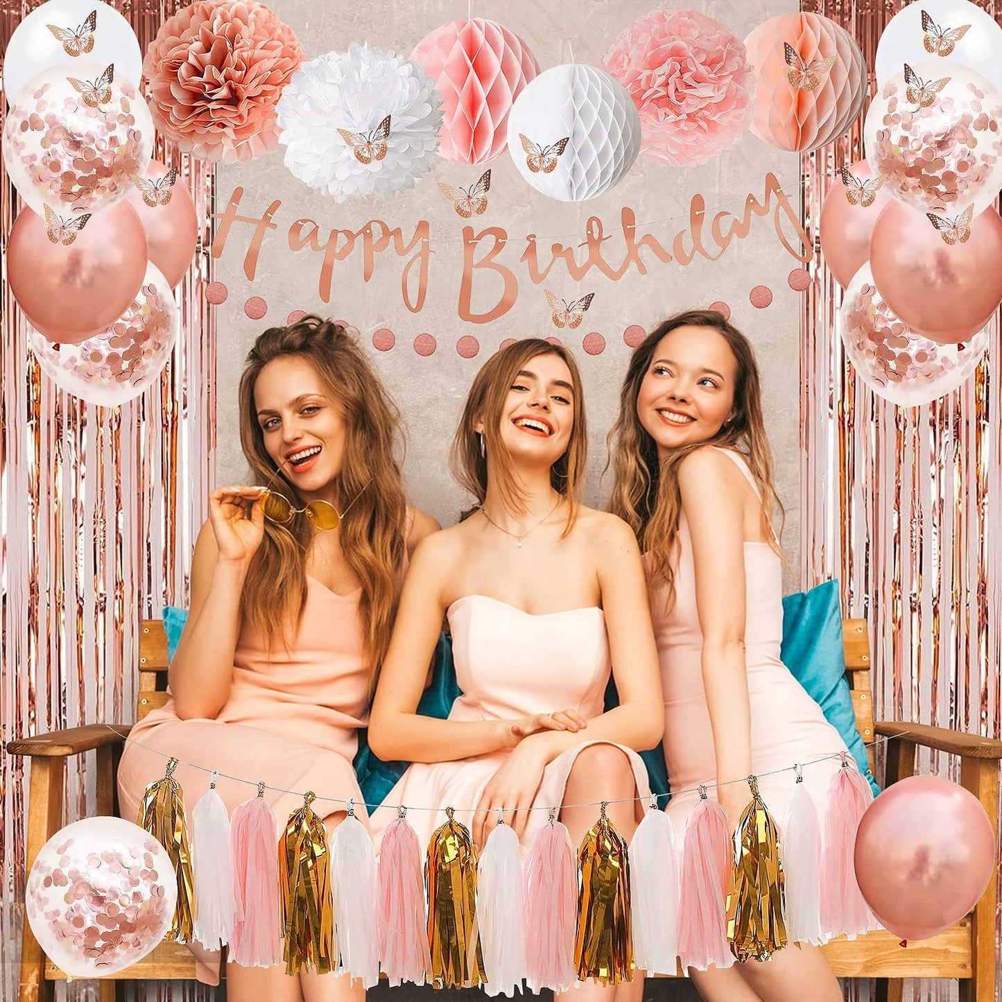 Rose Gold Pink Birthday Party Decorations with Happy Birthday Banner,Curtains, Butterfly Wall,Circle Dots Garland,Tissue Pompoms,Paper Tassels Garland for Women Birthday Party Decorations