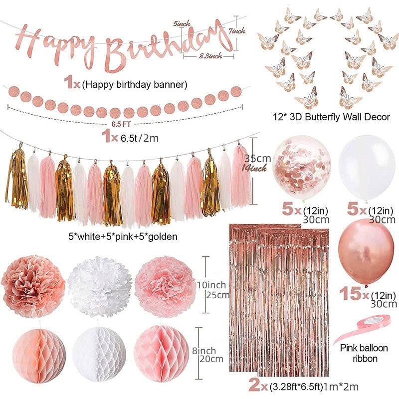 Rose Gold Pink Birthday Party Decorations with Happy Birthday Banner,Curtains, Butterfly Wall,Circle Dots Garland,Tissue Pompoms,Paper Tassels Garland for Women Birthday Party Decorations