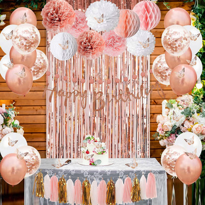 Rose Gold Pink Birthday Party Decorations with Happy Birthday Banner,Curtains, Butterfly Wall,Circle Dots Garland,Tissue Pompoms,Paper Tassels Garland for Women Birthday Party Decorations