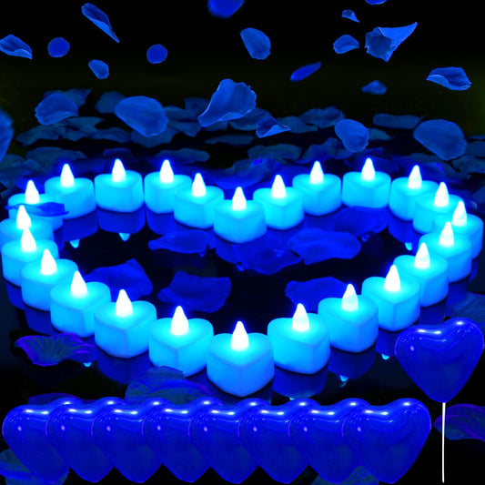 Romantic Night for Her Set, 1000Pcs Artificial Rose Petals | 30Pcs Blue Heart Balloon | 24Pcs Battery Candles, Heart Tea Lights Candles for Romantic Night, Valentine, Wedding, Anniversary