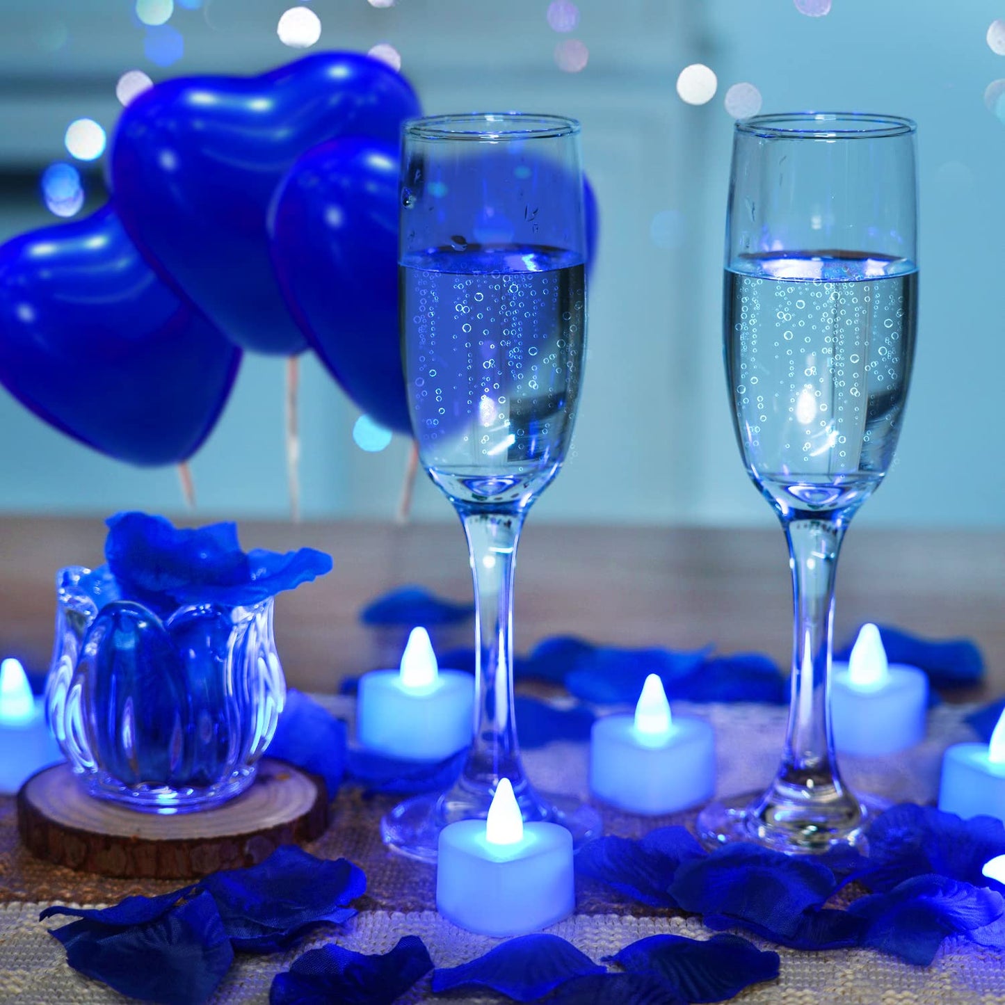 Romantic Night for Her Set, 1000Pcs Artificial Rose Petals | 30Pcs Blue Heart Balloon | 24Pcs Battery Candles, Heart Tea Lights Candles for Romantic Night, Valentine, Wedding, Anniversary