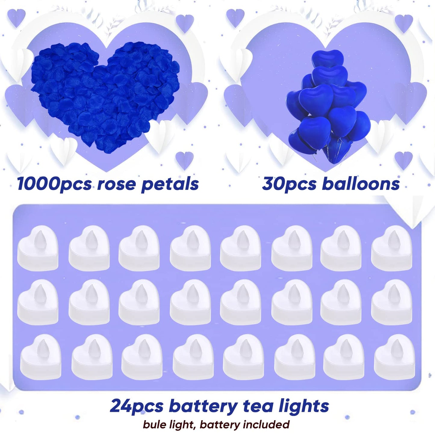 Romantic Night for Her Set, 1000Pcs Artificial Rose Petals | 30Pcs Blue Heart Balloon | 24Pcs Battery Candles, Heart Tea Lights Candles for Romantic Night, Valentine, Wedding, Anniversary