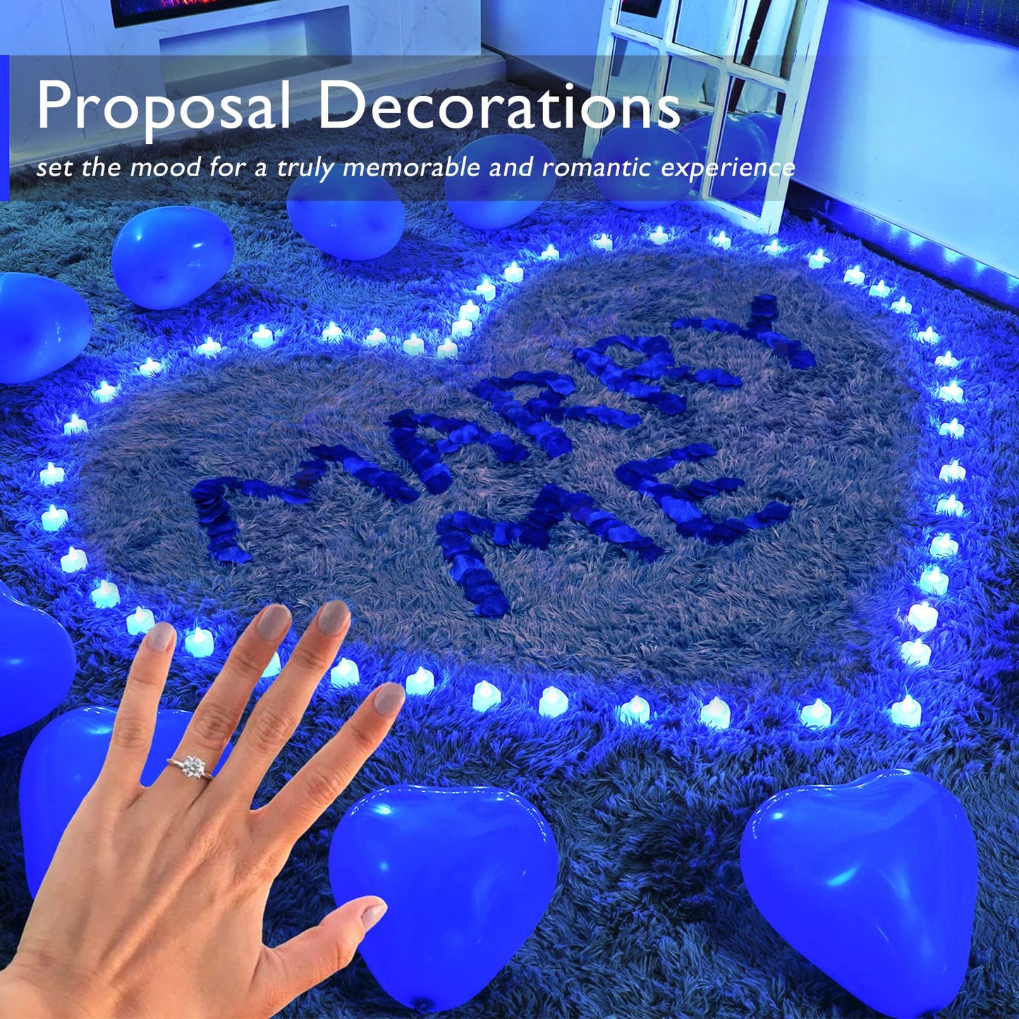 Romantic Night for Her Set, 1000Pcs Artificial Rose Petals | 30Pcs Blue Heart Balloon | 24Pcs Battery Candles, Heart Tea Lights Candles for Romantic Night, Valentine, Wedding, Anniversary