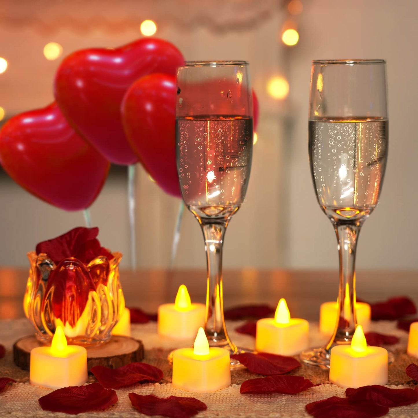 Romantic Night For Her Set, 1000Pcs Artificial Rose Petals | 30Pcs Burgundy Heart Balloon | 24Pcs Battery Candles, Heart Tea Lights Candles for Romantic Night, Valentine, Wedding, Anniversary