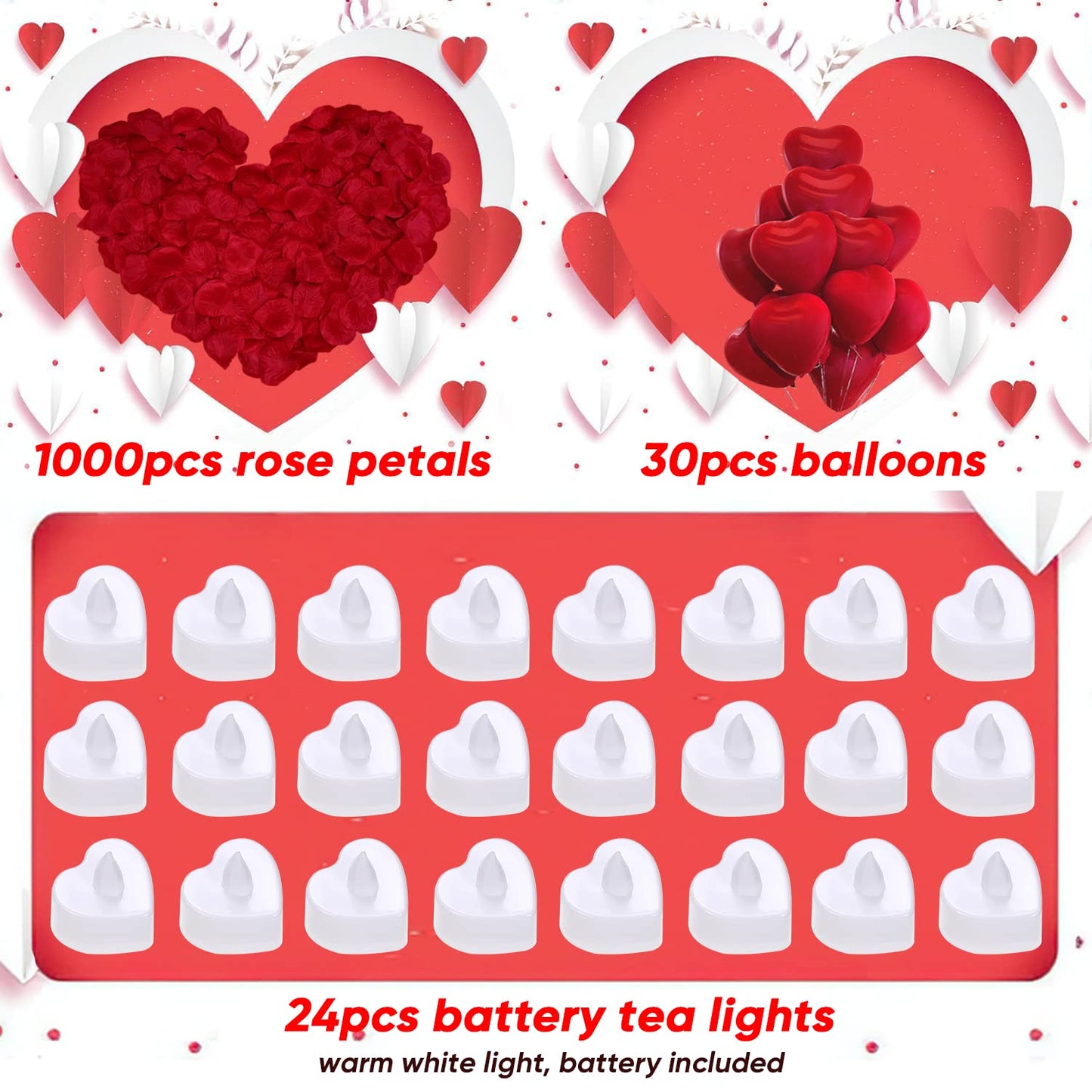 Romantic Night For Her Set, 1000Pcs Artificial Rose Petals | 30Pcs Burgundy Heart Balloon | 24Pcs Battery Candles, Heart Tea Lights Candles for Romantic Night, Valentine, Wedding, Anniversary