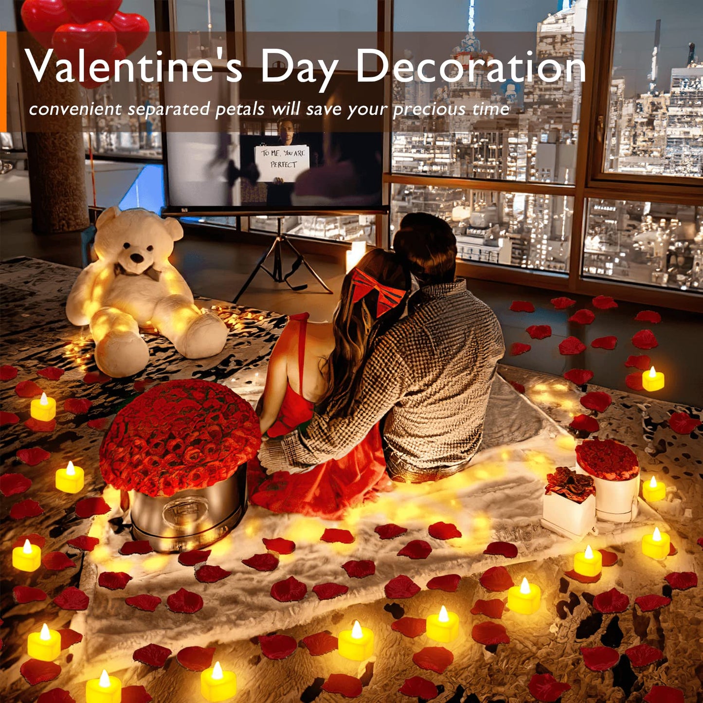 Romantic Night For Her Set, 1000Pcs Artificial Rose Petals | 30Pcs Burgundy Heart Balloon | 24Pcs Battery Candles, Heart Tea Lights Candles for Romantic Night, Valentine, Wedding, Anniversary