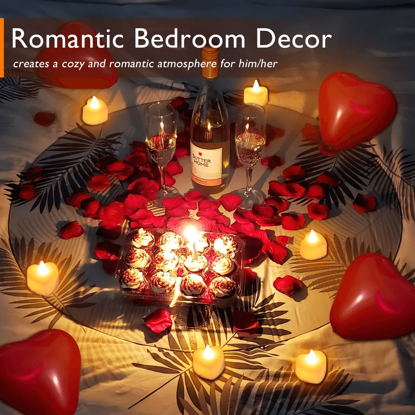 Romantic Night For Her Set, 1000Pcs Artificial Rose Petals | 30Pcs Burgundy Heart Balloon | 24Pcs Battery Candles, Heart Tea Lights Candles for Romantic Night, Valentine, Wedding, Anniversary