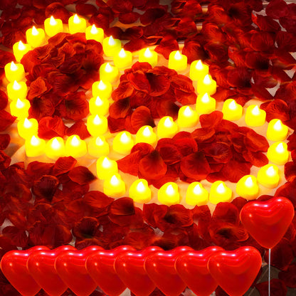 Romantic Night For Her Set, 2000Pcs Artificial Rose Petals | 30Pcs Burgundy Heart Balloon | 48Pcs Battery Candles, Heart Tea Lights Candles for Romantic Night, Valentine, Wedding, Anniversary