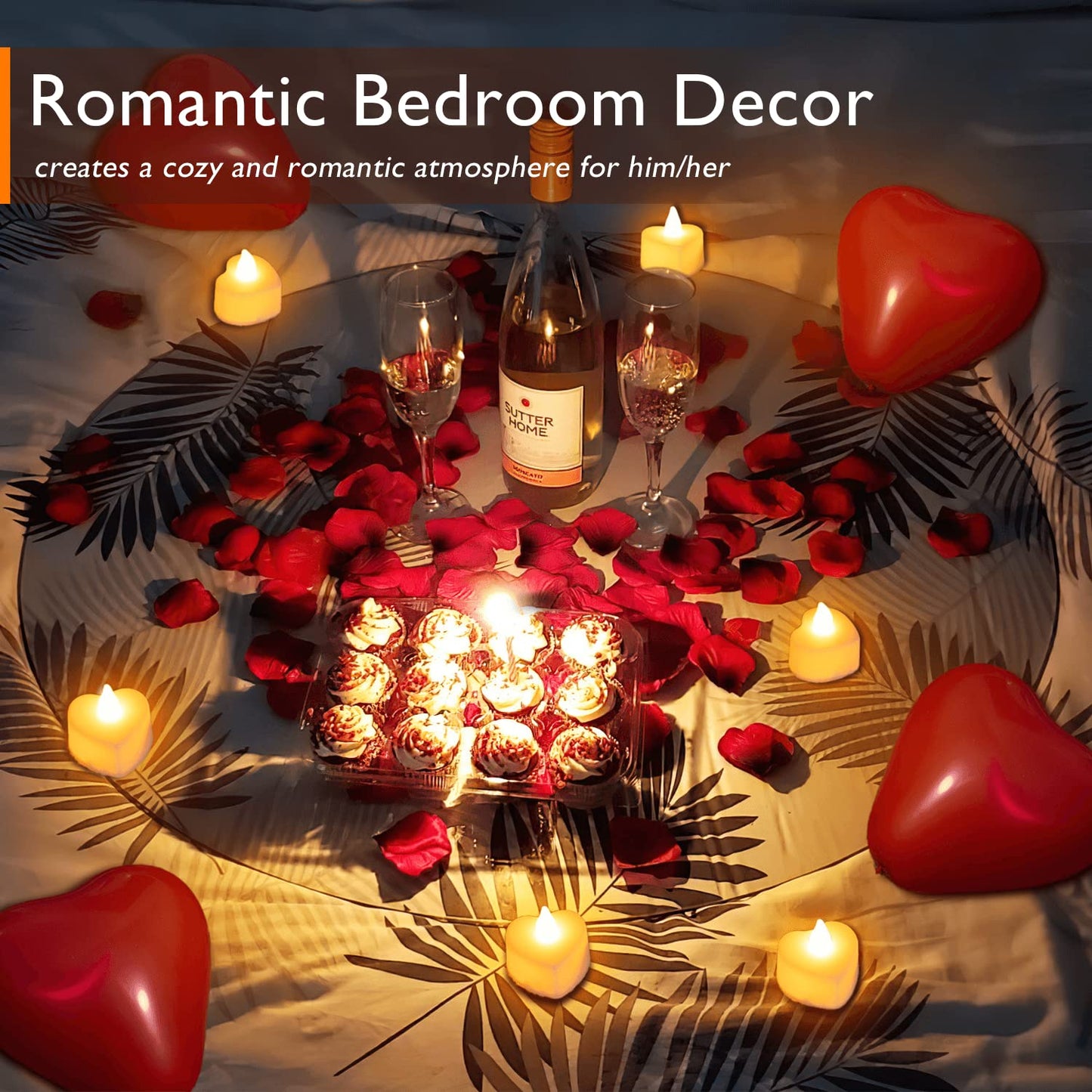 Romantic Night For Her Set, 2000Pcs Artificial Rose Petals | 30Pcs Burgundy Heart Balloon | 48Pcs Battery Candles, Heart Tea Lights Candles for Romantic Night, Valentine, Wedding, Anniversary