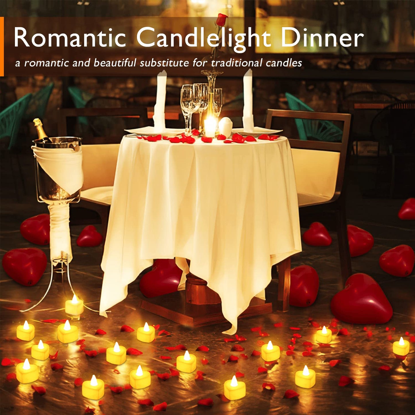 Romantic Night For Her Set, 2000Pcs Artificial Rose Petals | 30Pcs Burgundy Heart Balloon | 48Pcs Battery Candles, Heart Tea Lights Candles for Romantic Night, Valentine, Wedding, Anniversary