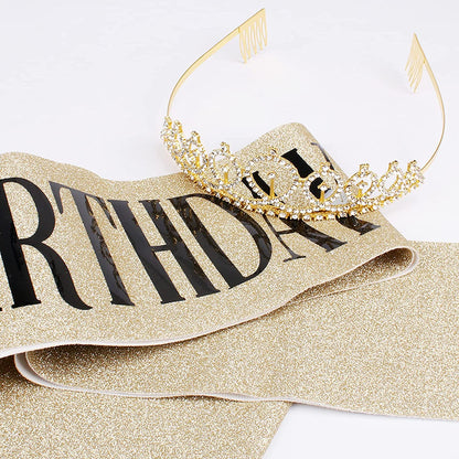 Birthday Queen Sash Rhinestone Headband Set - Gold Glitter Birthday Birthday Gifts for Women Birthday Party Supplies