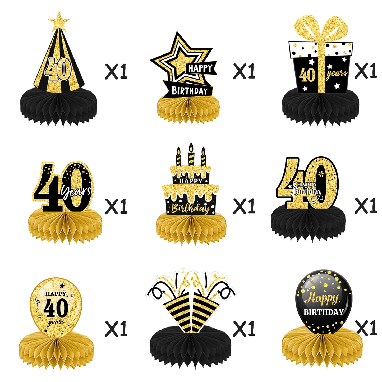 9 Pieces 40th Birthday Decoration 40th Birthday Centerpieces for Tables Decorations Cheers to 40 Years (Black Gold)