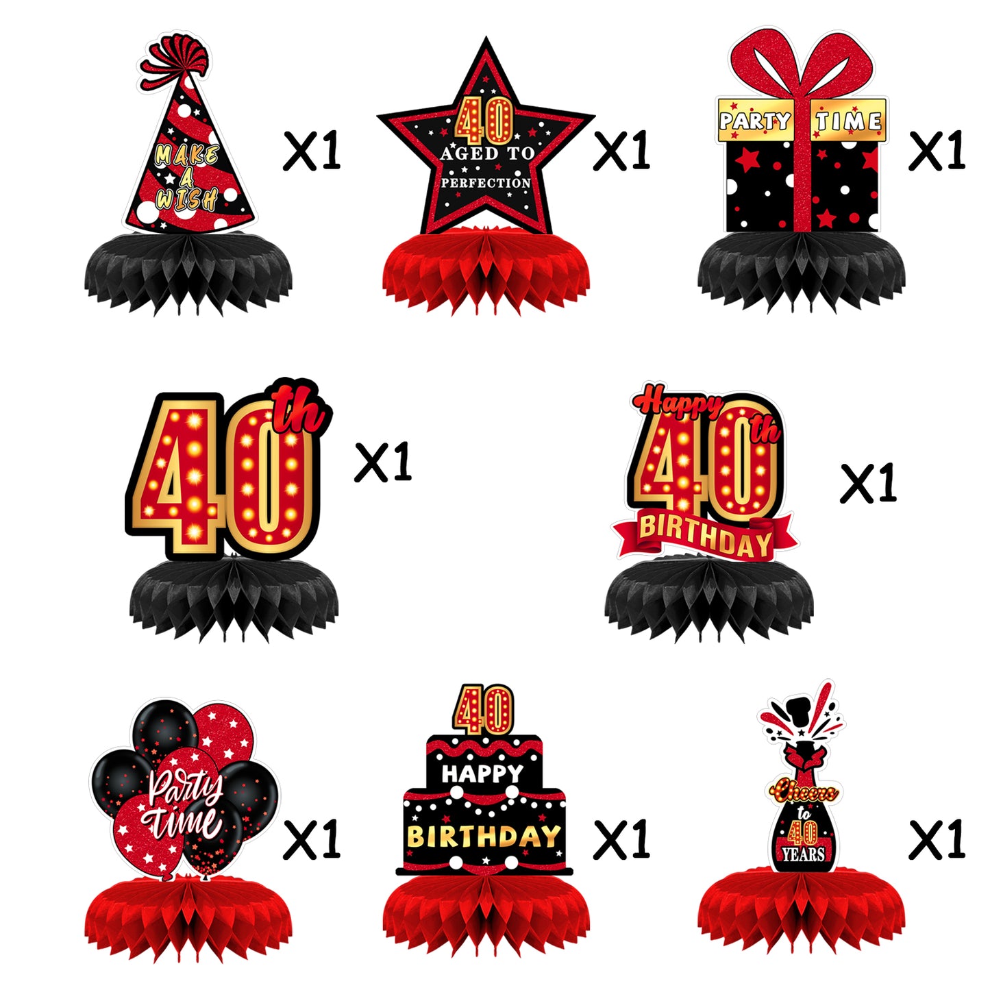 9 Pieces 40th Birthday Decoration 40th Birthday Centerpieces for Tables Decorations Cheers to 40 Years (Black Red)