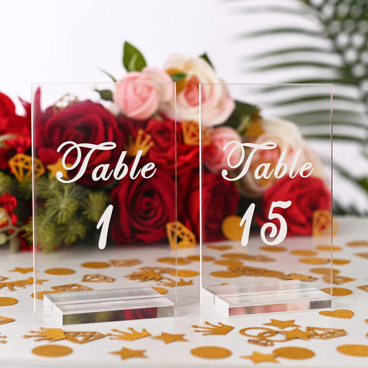 Acrylic Table Numbers 1-15 - 4x6” Wedding Table Numbers With Stand 3 Bags of Gold Glitter Confetti - Clear Table Number Signs for Wedding Reception, Party, Event, Centerpiece Decoration