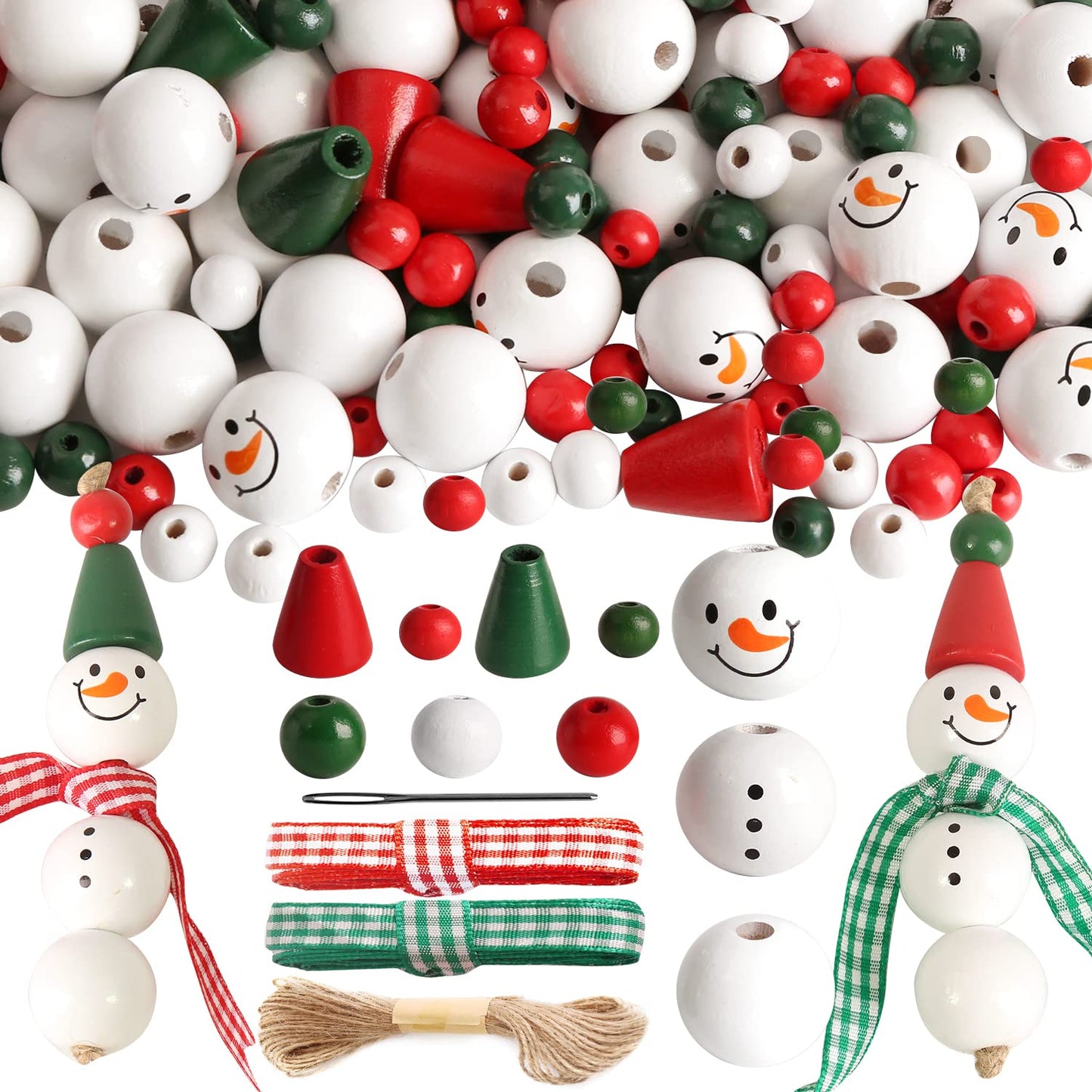 190 Pieces Christmas Beads Snowman Wooden Beads Ornament Making Kits Wood Bead Christmas Crafts for Kids DIY Christmas Ornaments Tree Garland Decorations