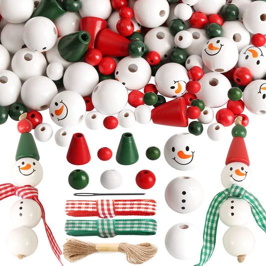 190 Pieces Christmas Beads Snowman Wooden Beads Ornament Making Kits Wood Bead Christmas Crafts for Kids DIY Christmas Ornaments Tree Garland Decorations