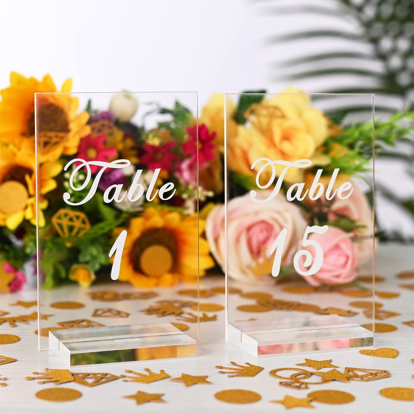 Acrylic Table Numbers 1-15 - 4x6” Wedding Table Numbers With Stand 3 Bags of Gold Glitter Confetti - Clear Table Number Signs for Wedding Reception, Party, Event, Centerpiece Decoration