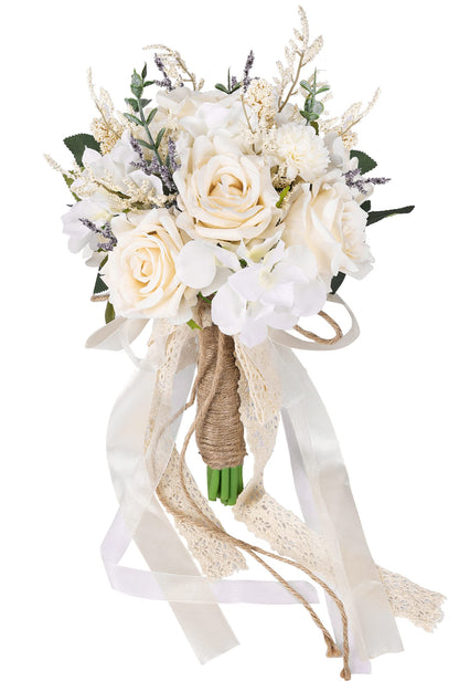 Wedding Bouquets for Bride Bridesmaid, White Champagne Artificial Roses Flowers Wedding Decoration (Style B-Pure)