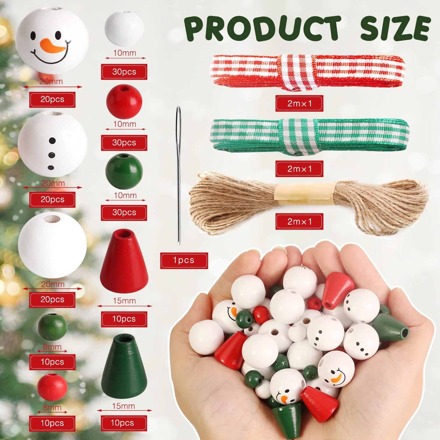 190 Pieces Christmas Beads Snowman Wooden Beads Ornament Making Kits Wood Bead Christmas Crafts for Kids DIY Christmas Ornaments Tree Garland Decorations