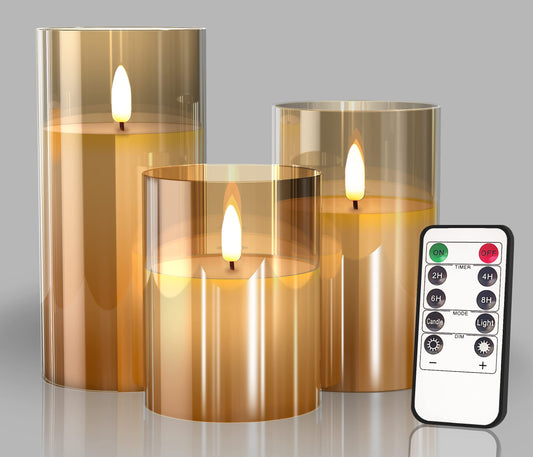 3 PCS Glass Battery Operated LED Pillar Flameless Candles with10-Key Remote and Timer, Real Wax Candles Warm Color Wick Flickering Light for Festival Wedding bar Cafe Home Party Decor-Gold