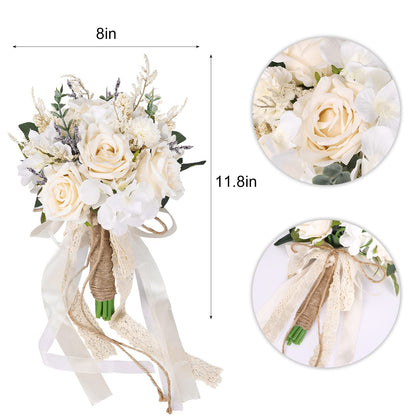 Wedding Bouquets for Bride Bridesmaid, White Champagne Artificial Roses Flowers Wedding Decoration (Style B-Pure)