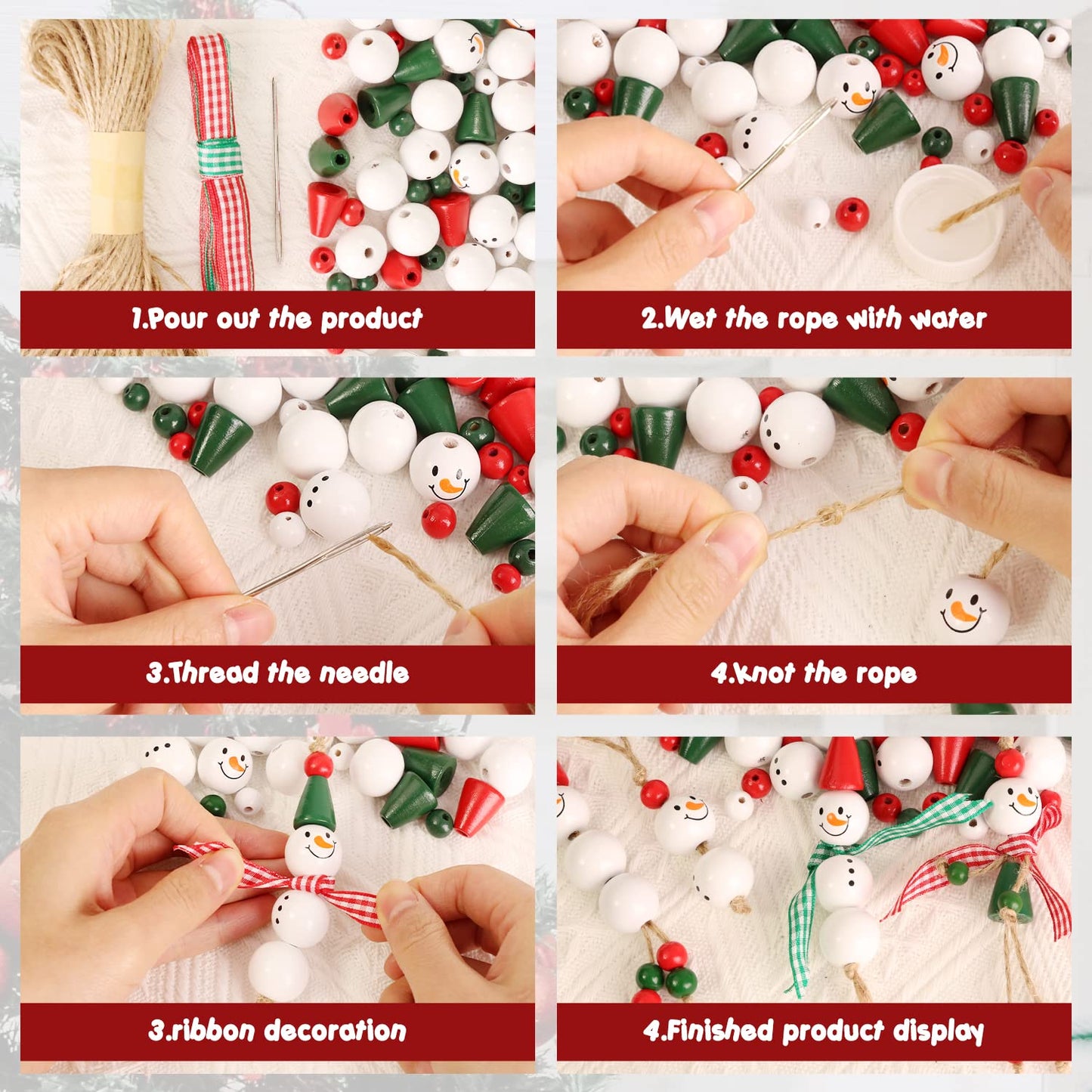 190 Pieces Christmas Beads Snowman Wooden Beads Ornament Making Kits Wood Bead Christmas Crafts for Kids DIY Christmas Ornaments Tree Garland Decorations