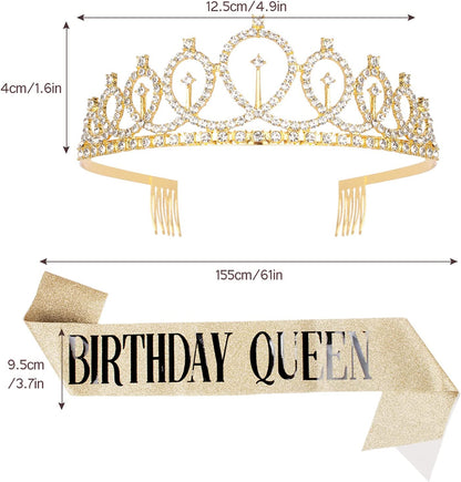 Birthday Queen Sash Rhinestone Headband Set - Gold Glitter Birthday Birthday Gifts for Women Birthday Party Supplies