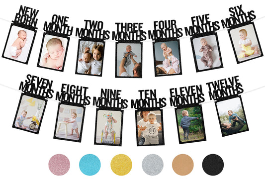 1st Birthday Photo Banner for Baby from Newborn to 12 Months, First Birthday Decorations Girl Monthly Milestones Garland | First Birthday Photo Banner Pre-strung with Frame (Black)