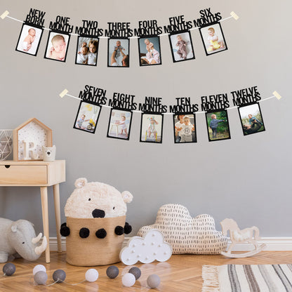 1st Birthday Photo Banner for Baby from Newborn to 12 Months, First Birthday Decorations Girl Monthly Milestones Garland | First Birthday Photo Banner Pre-strung with Frame (Black)