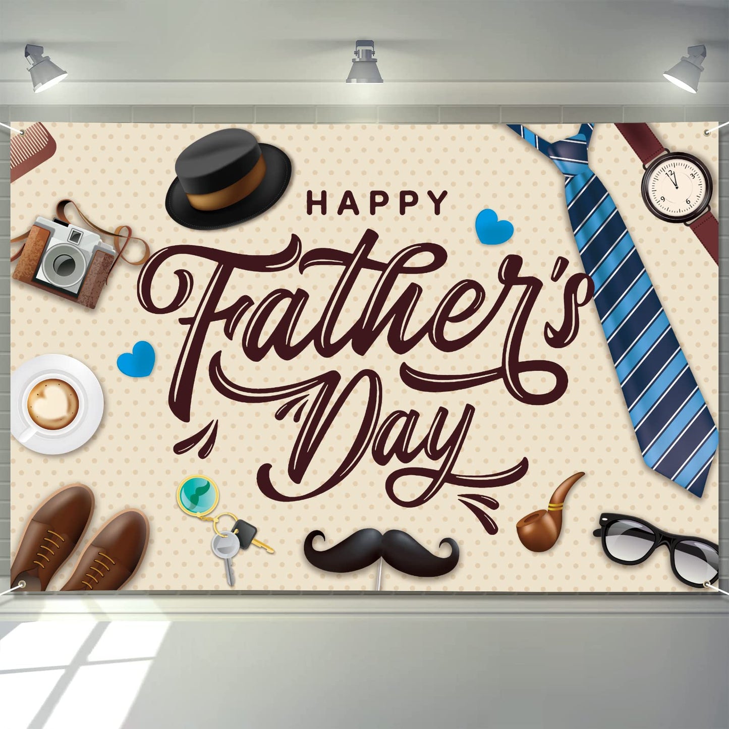 Large Fathers Day Banner Decorations 72" x 48" Happy Father's Day Backdrop Beige Hearts GiftsShoes Coffee Party Supplies Gifts Photography Background for Indoor Outdoor Garden,Yard,Home Decor (Beige)