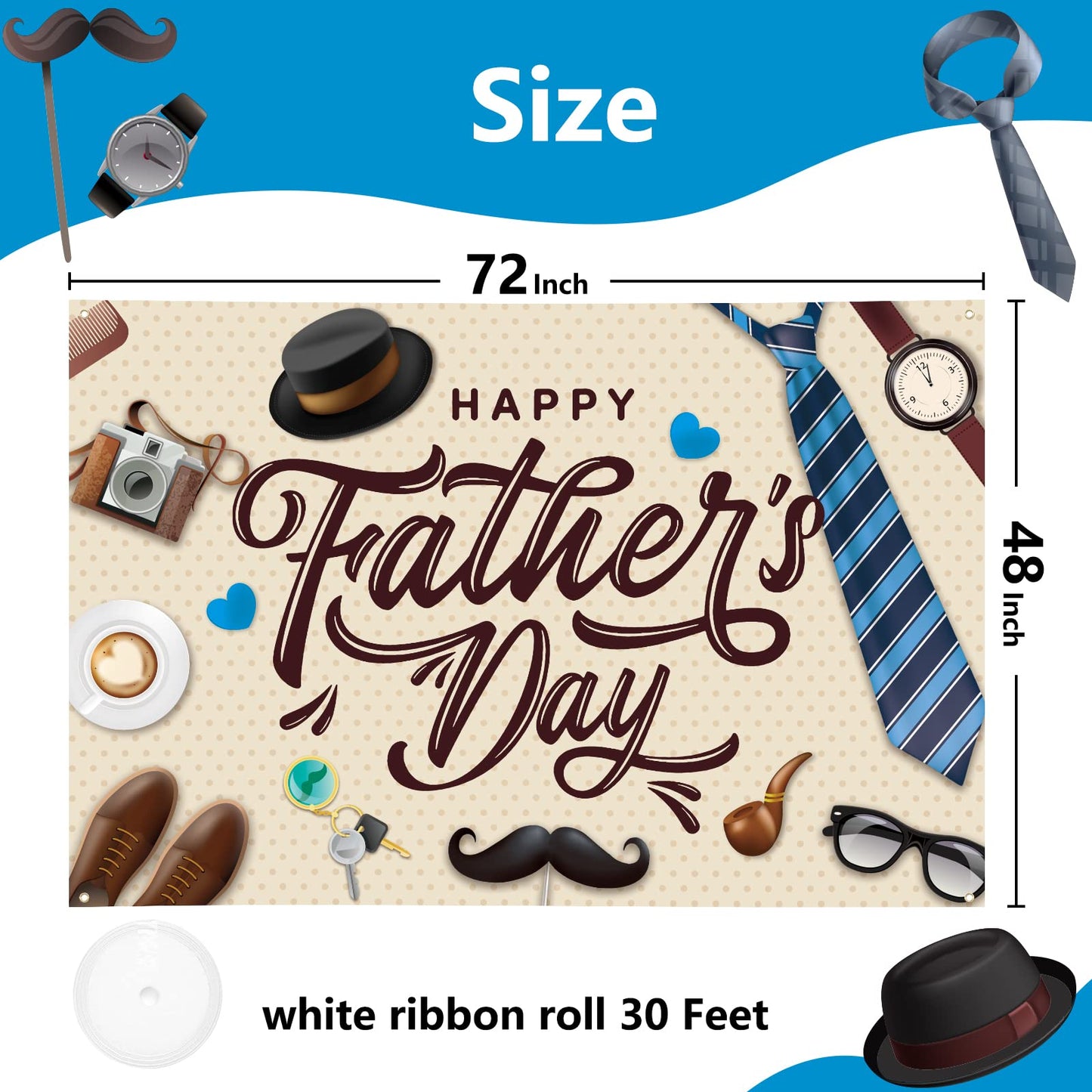 Large Fathers Day Banner Decorations 72" x 48" Happy Father's Day Backdrop Beige Hearts GiftsShoes Coffee Party Supplies Gifts Photography Background for Indoor Outdoor Garden,Yard,Home Decor (Beige)