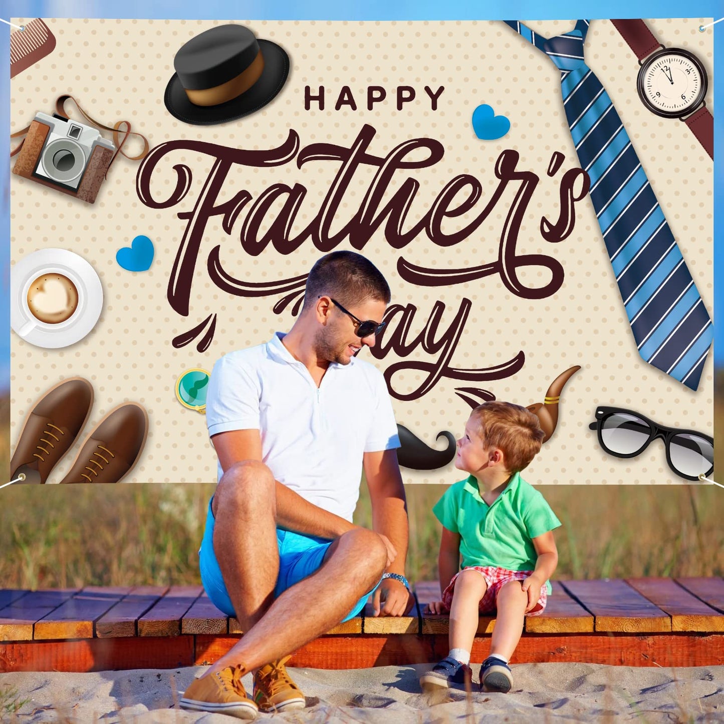 Large Fathers Day Banner Decorations 72" x 48" Happy Father's Day Backdrop Beige Hearts GiftsShoes Coffee Party Supplies Gifts Photography Background for Indoor Outdoor Garden,Yard,Home Decor (Beige)