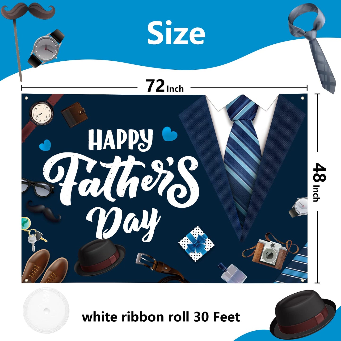 Large Fathers Day Banner Decorations 72" x 48" Happy Father's Day Backdrop Beige Hearts GiftsShoes Coffee Party Supplies Gifts Photography Background for Indoor Outdoor Garden,Yard,Home Decor (Black)、