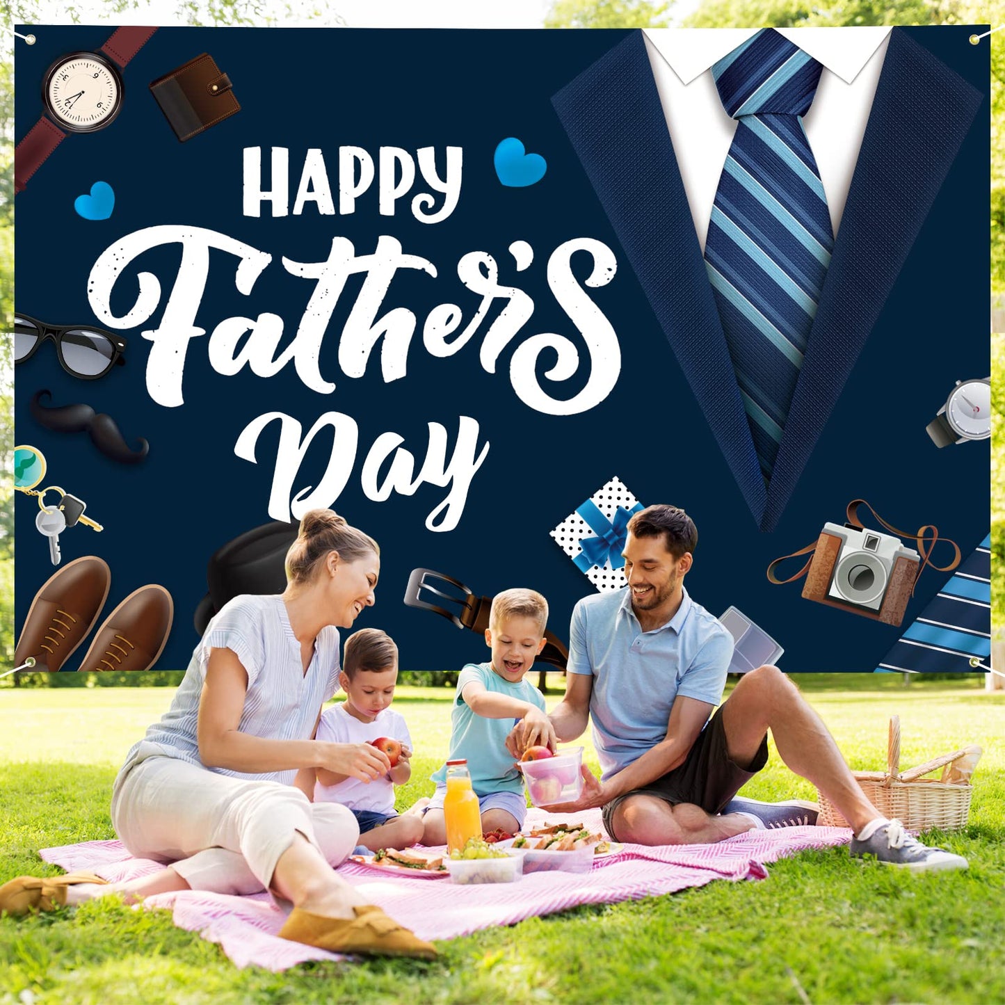 Large Fathers Day Banner Decorations 72" x 48" Happy Father's Day Backdrop Beige Hearts GiftsShoes Coffee Party Supplies Gifts Photography Background for Indoor Outdoor Garden,Yard,Home Decor (Black)、