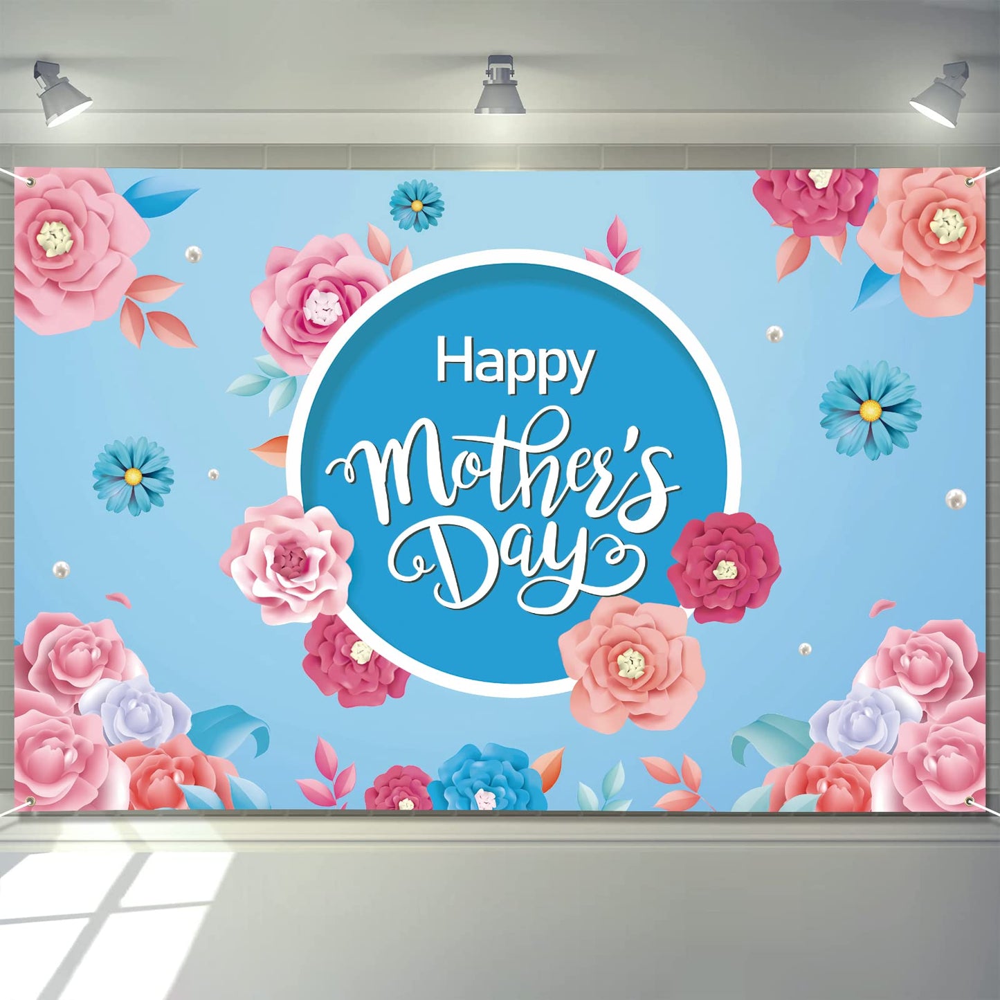 Mothers Day Decorations Banner 72" x 48" Backdrop Happy Mother's Day Flowers Tulip Pink Photography Background Seasonal Holiday Backdrop for Indoor Outdoor Garden,Yard,Party Home Decorations (Blue)