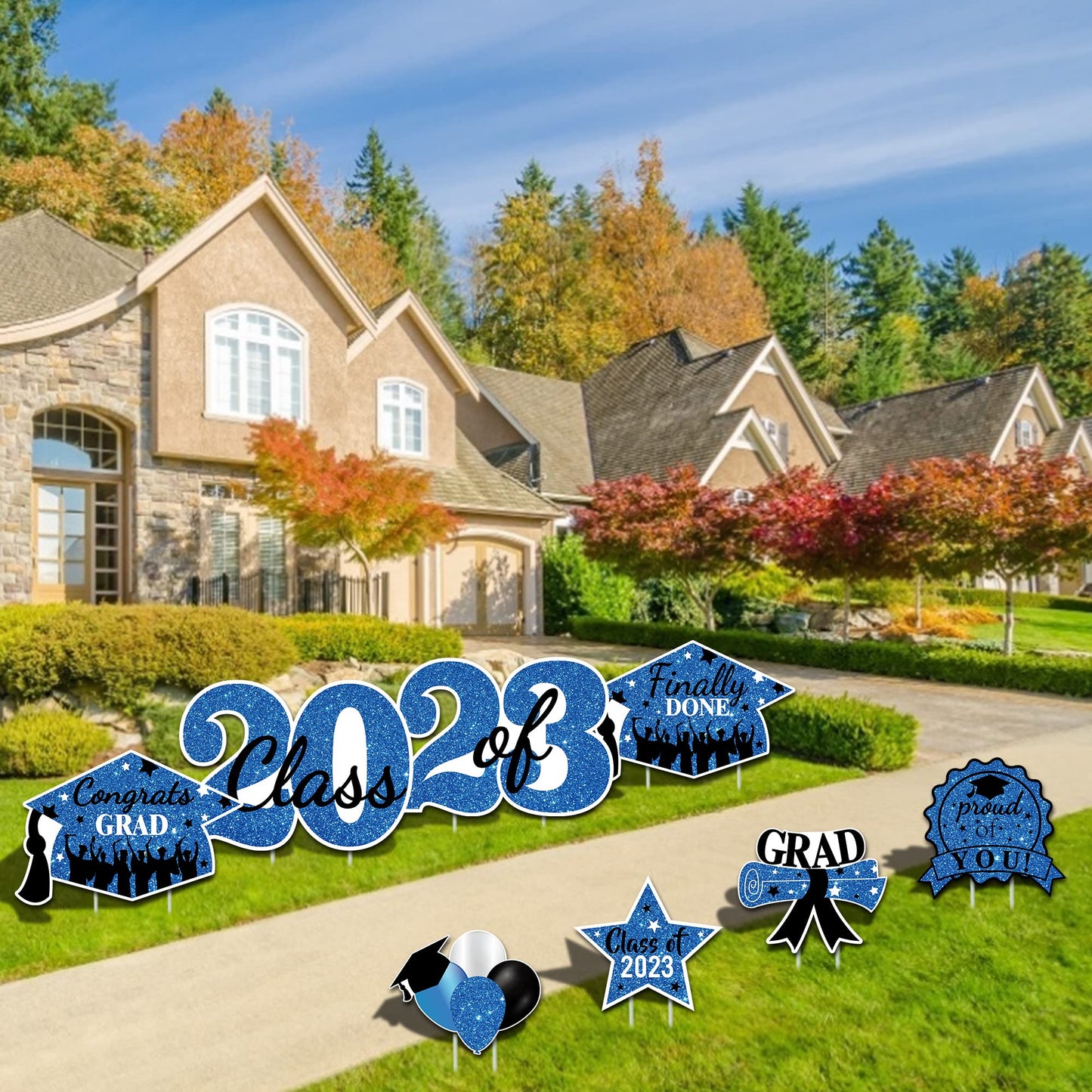 2023 Graduation Yard Sign Stakes Decorations - Congrats Grad Class of 2023 Outdoor Lawn Decor - High School College Grad Graduation Party Decoration Supplies (Blue)