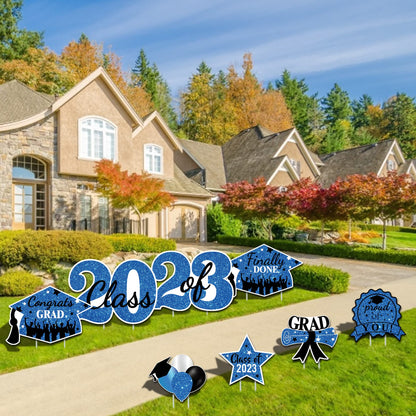 2023 Graduation Yard Sign Stakes Decorations - Congrats Grad Class of 2023 Outdoor Lawn Decor - High School College Grad Graduation Party Decoration Supplies (Blue)