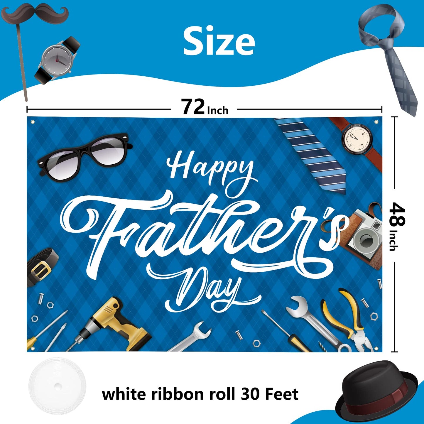 Large Fathers Day Banner Decorations 72" x 48" Happy Father's Day Backdrop Beige Hearts GiftsShoes Coffee Party Supplies Gifts Photography Background for Indoor Outdoor Garden,Yard,Home Decor (Blue)