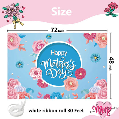 Mothers Day Decorations Banner 72" x 48" Backdrop Happy Mother's Day Flowers Tulip Pink Photography Background Seasonal Holiday Backdrop for Indoor Outdoor Garden,Yard,Party Home Decorations (Blue)