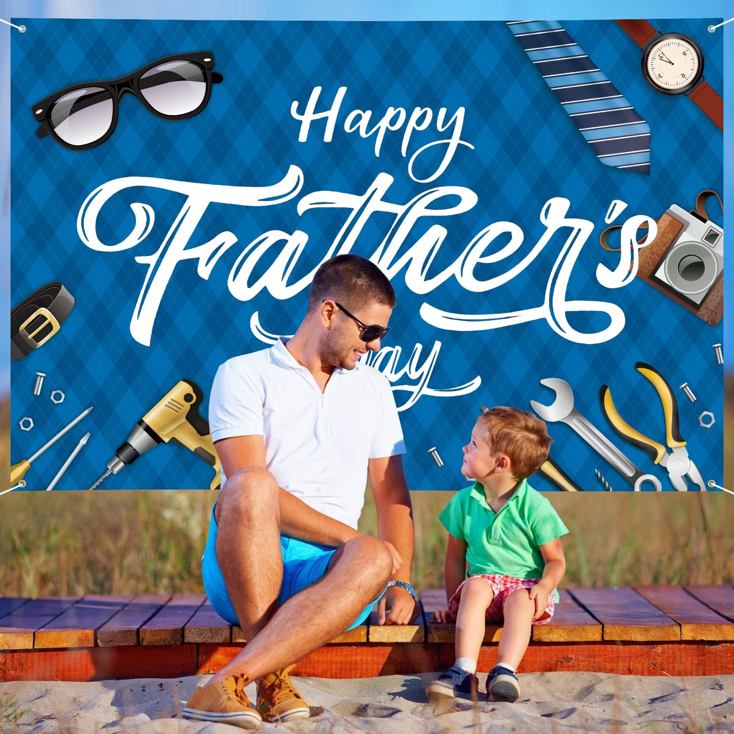 Large Fathers Day Banner Decorations 72" x 48" Happy Father's Day Backdrop Beige Hearts GiftsShoes Coffee Party Supplies Gifts Photography Background for Indoor Outdoor Garden,Yard,Home Decor (Blue)