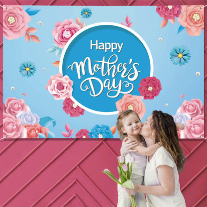 Mothers Day Decorations Banner 72" x 48" Backdrop Happy Mother's Day Flowers Tulip Pink Photography Background Seasonal Holiday Backdrop for Indoor Outdoor Garden,Yard,Party Home Decorations (Blue)