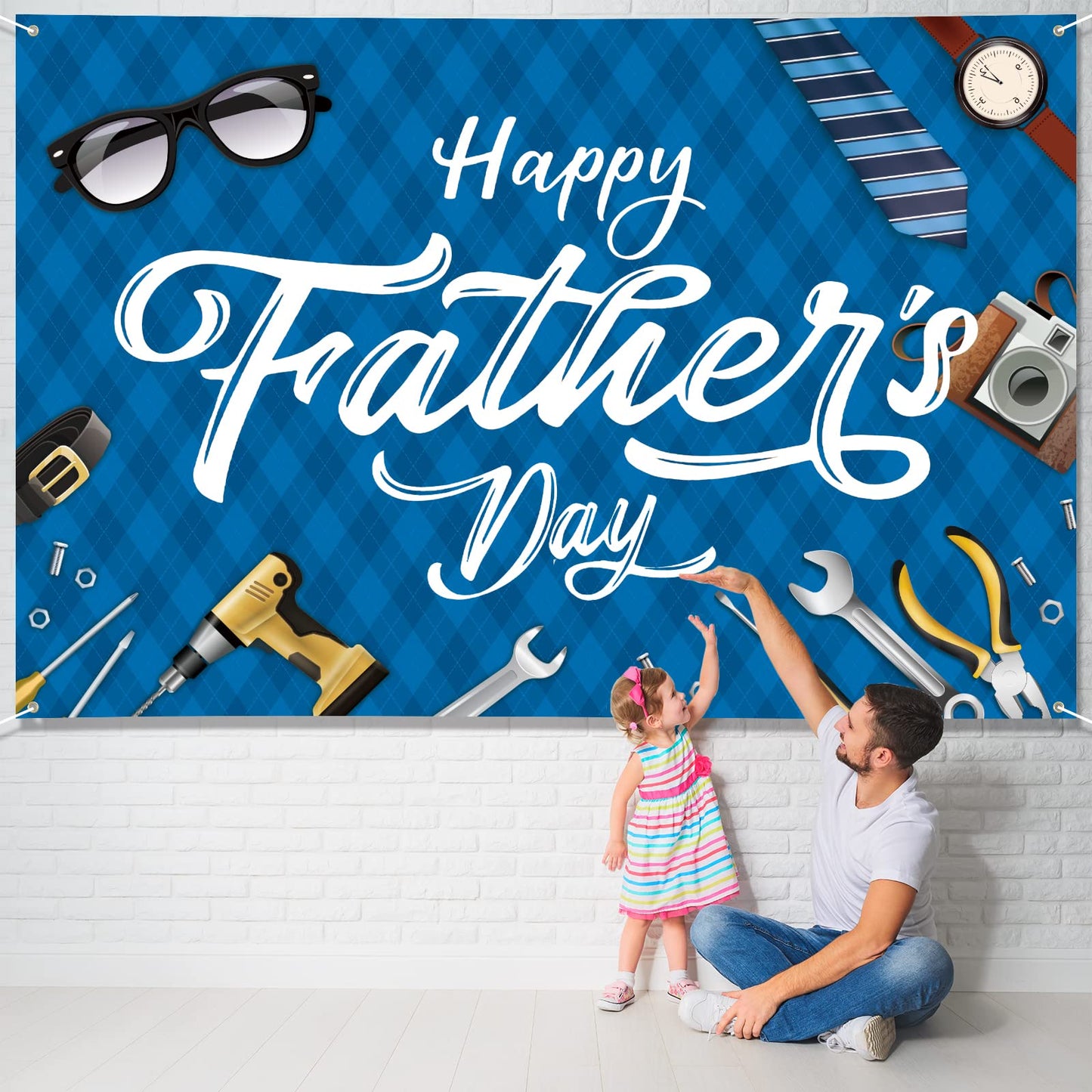 Large Fathers Day Banner Decorations 72" x 48" Happy Father's Day Backdrop Beige Hearts GiftsShoes Coffee Party Supplies Gifts Photography Background for Indoor Outdoor Garden,Yard,Home Decor (Blue)