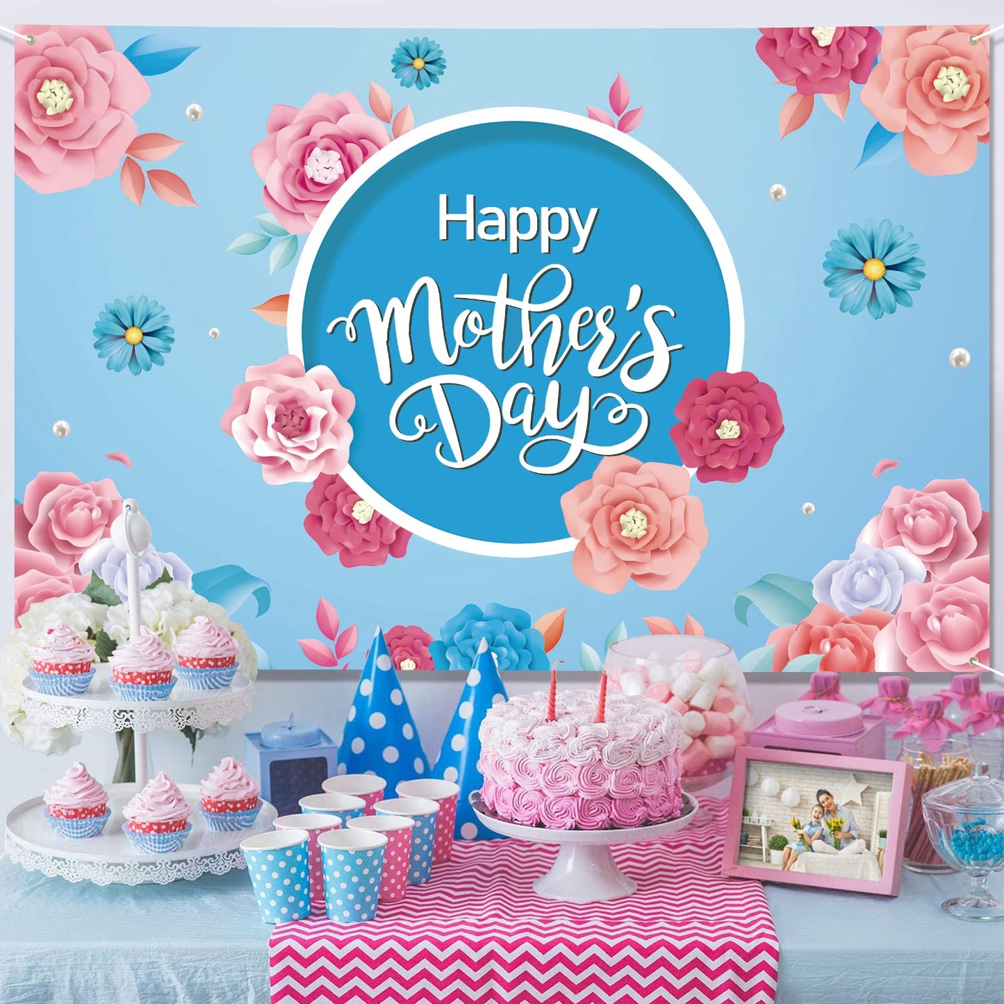 Mothers Day Decorations Banner 72" x 48" Backdrop Happy Mother's Day Flowers Tulip Pink Photography Background Seasonal Holiday Backdrop for Indoor Outdoor Garden,Yard,Party Home Decorations (Blue)