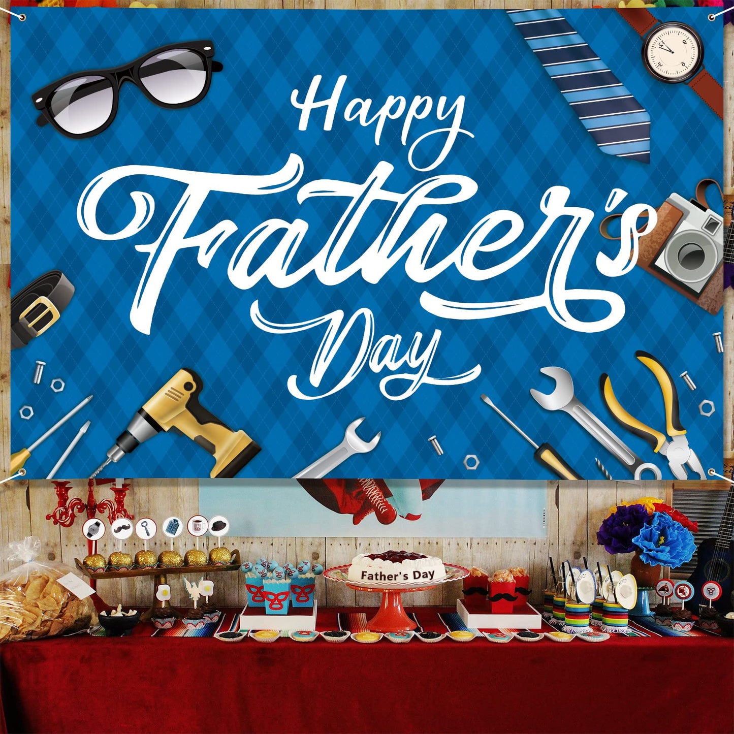 Large Fathers Day Banner Decorations 72" x 48" Happy Father's Day Backdrop Beige Hearts GiftsShoes Coffee Party Supplies Gifts Photography Background for Indoor Outdoor Garden,Yard,Home Decor (Blue)