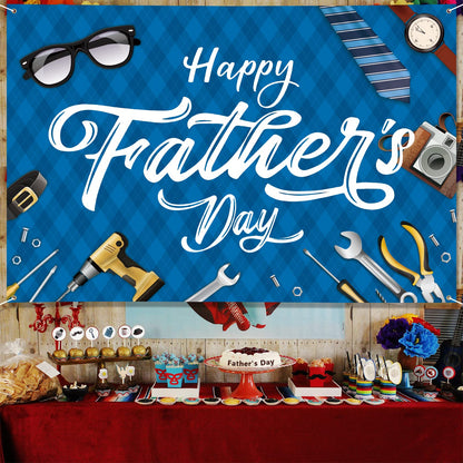 Large Fathers Day Banner Decorations 72" x 48" Happy Father's Day Backdrop Beige Hearts GiftsShoes Coffee Party Supplies Gifts Photography Background for Indoor Outdoor Garden,Yard,Home Decor (Blue)