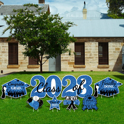 2023 Graduation Yard Sign Stakes Decorations - Congrats Grad Class of 2023 Outdoor Lawn Decor - High School College Grad Graduation Party Decoration Supplies (Blue)