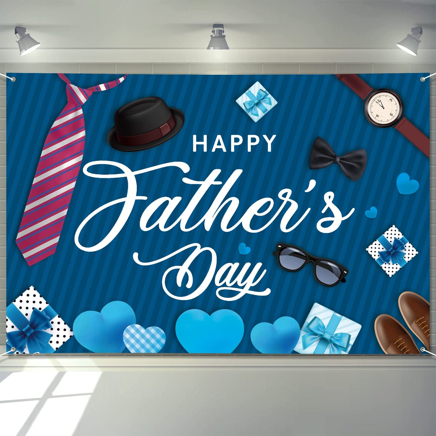 Large Fathers Day Banner Decorations 72" x 48" Happy Father's Day Backdrop Beige Hearts GiftsShoes Coffee Party Supplies Gifts Photography Background for Indoor Outdoor Garden,Yard,Home Decor (Blue B)