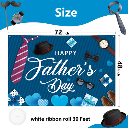 Large Fathers Day Banner Decorations 72" x 48" Happy Father's Day Backdrop Beige Hearts GiftsShoes Coffee Party Supplies Gifts Photography Background for Indoor Outdoor Garden,Yard,Home Decor (Blue B)