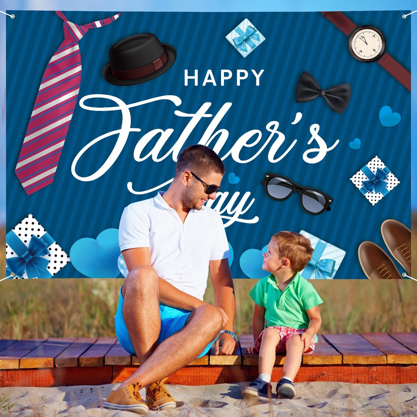 Large Fathers Day Banner Decorations 72" x 48" Happy Father's Day Backdrop Beige Hearts GiftsShoes Coffee Party Supplies Gifts Photography Background for Indoor Outdoor Garden,Yard,Home Decor (Blue B)